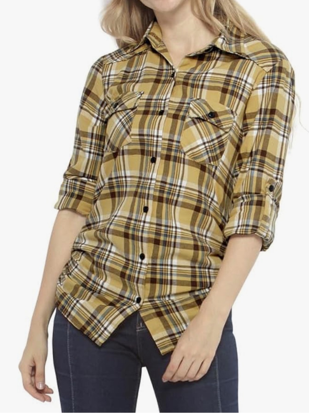 Women’s Mustard Plaid brushed cotton flannel Button-Front Shirt